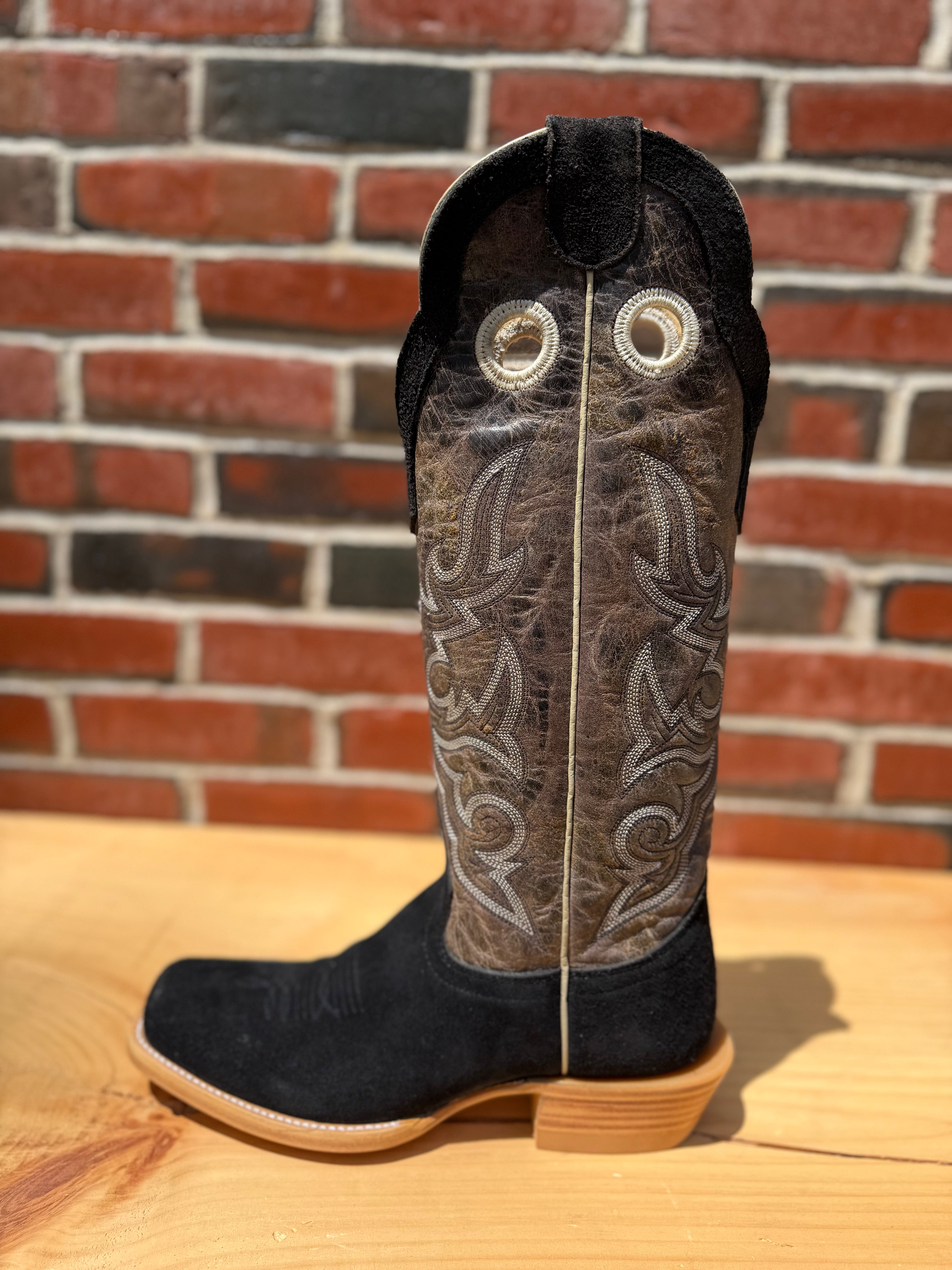 Hondo cowboy boots with black rough-out leather and 16 inch brown crater tops