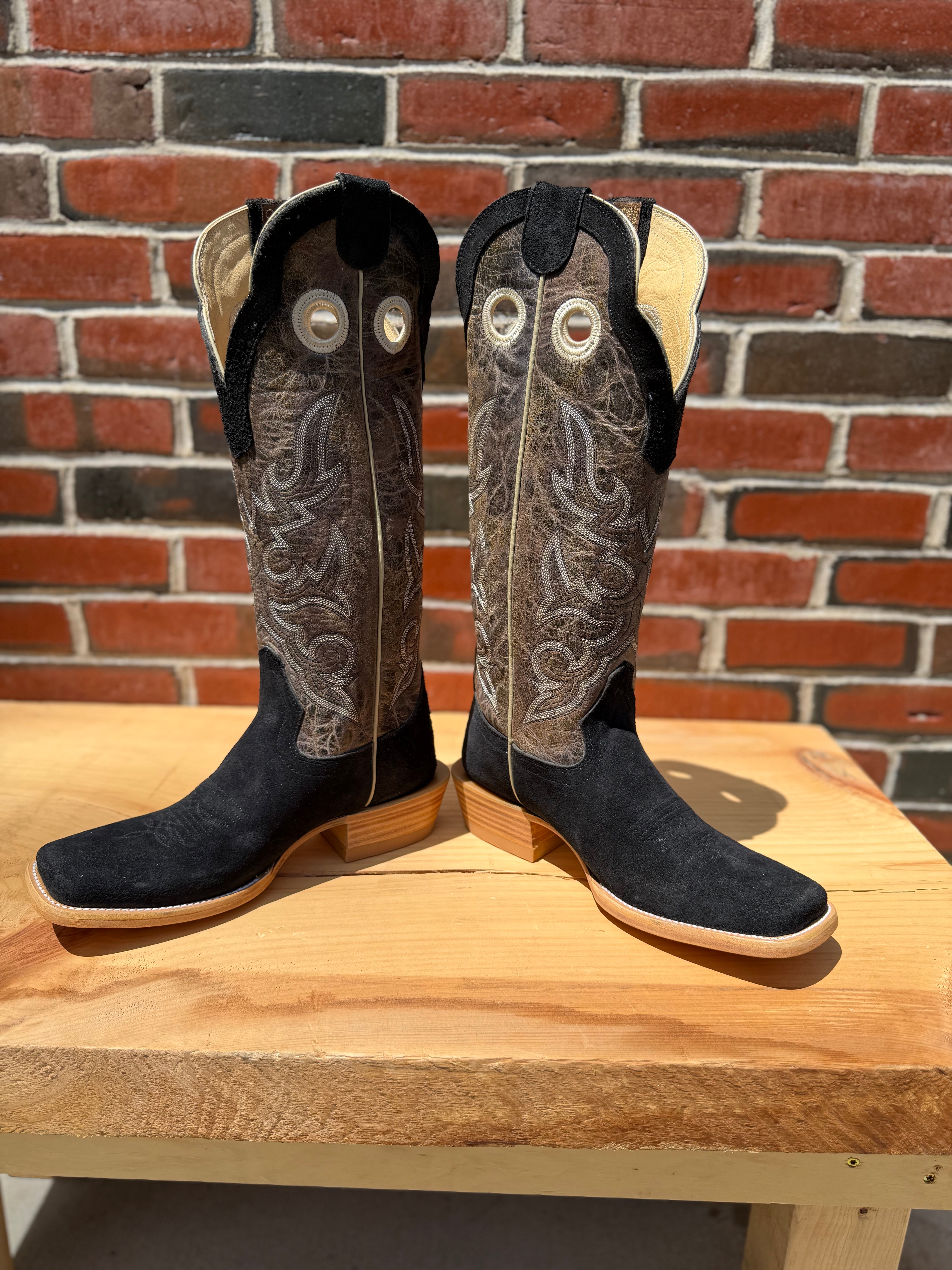 Hondo cowboy boots with black rough-out leather and 16 inch brown crater tops