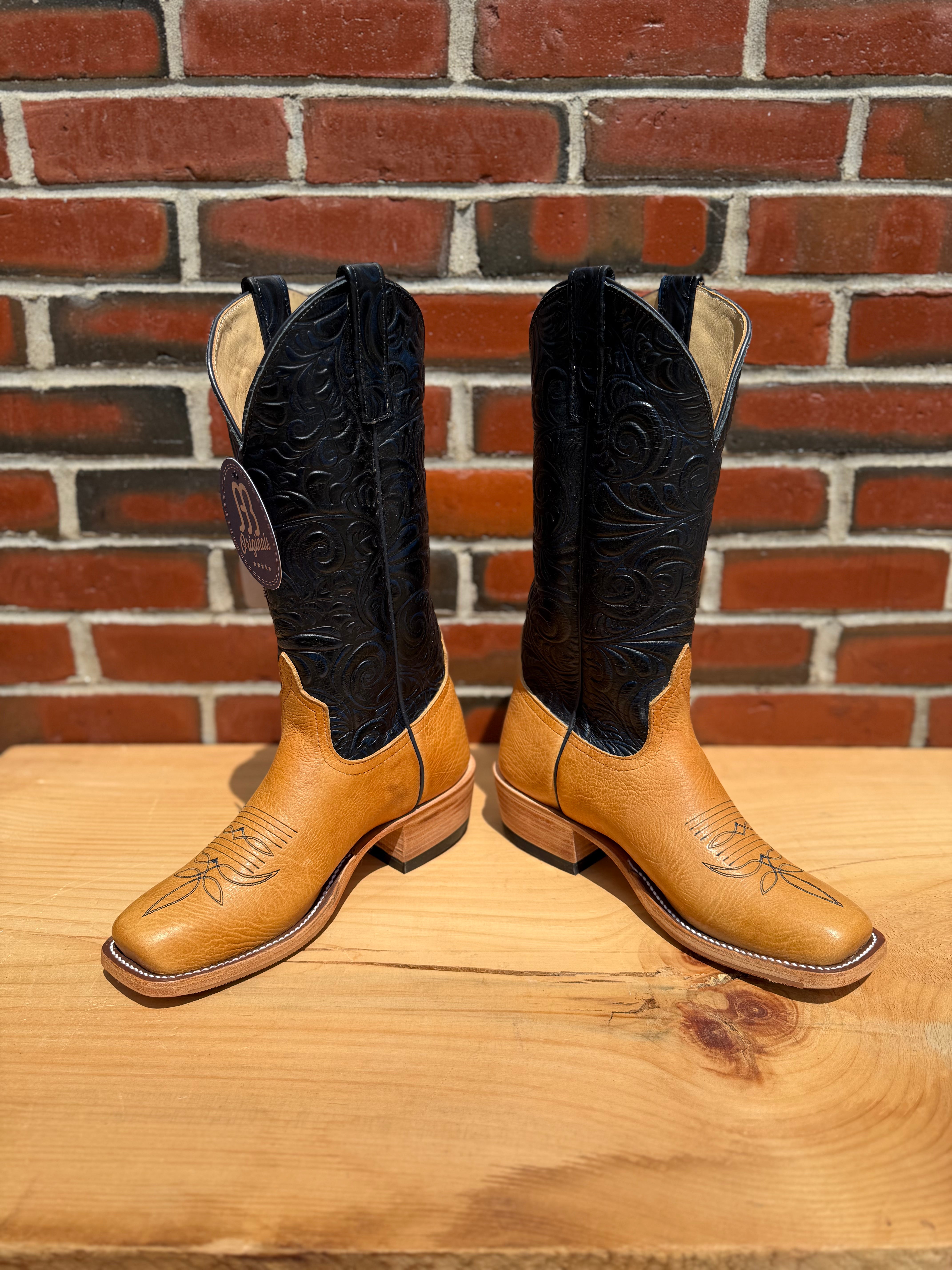 Anderson Bean | Cognac Taurus Shoulder Cowgirl Boots – 13" Midnight Navy Caracol Embossed Tops (Cowboy Toe)