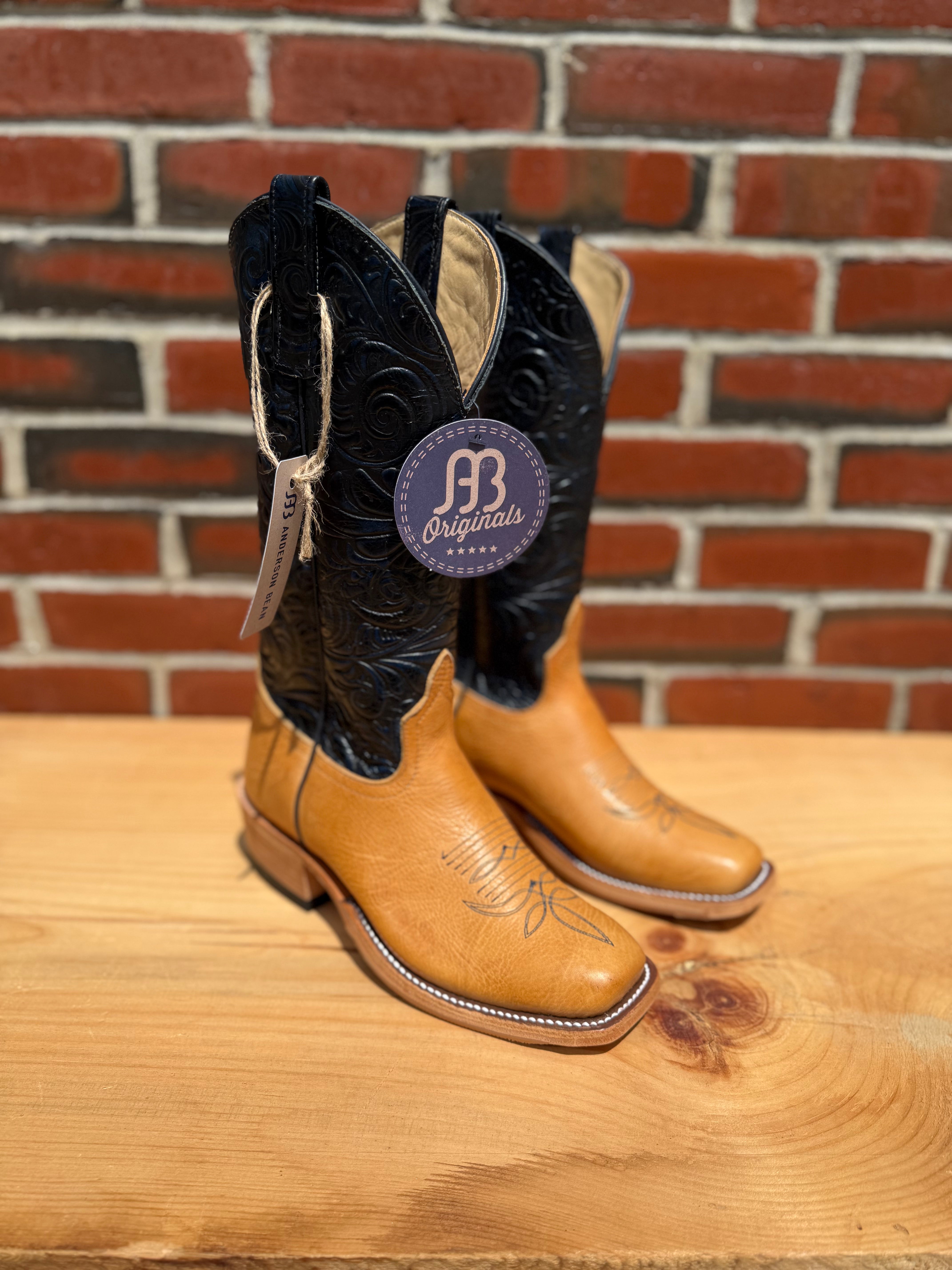 Anderson Bean | Cognac Taurus Shoulder Cowgirl Boots – 13" Midnight Navy Caracol Embossed Tops (Cowboy Toe)