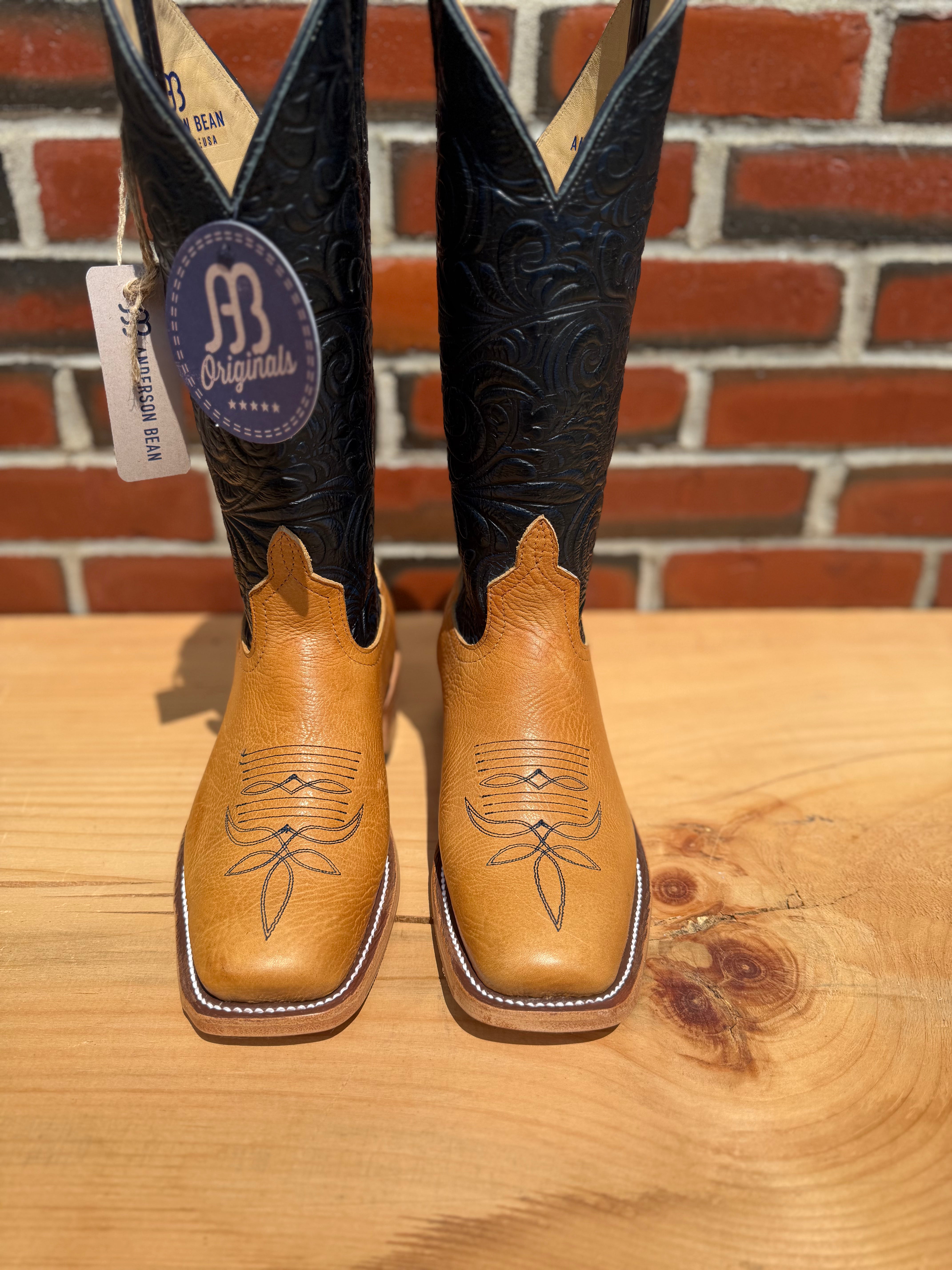 Anderson Bean | Cognac Taurus Shoulder Cowgirl Boots – 13" Midnight Navy Caracol Embossed Tops (Cowboy Toe)