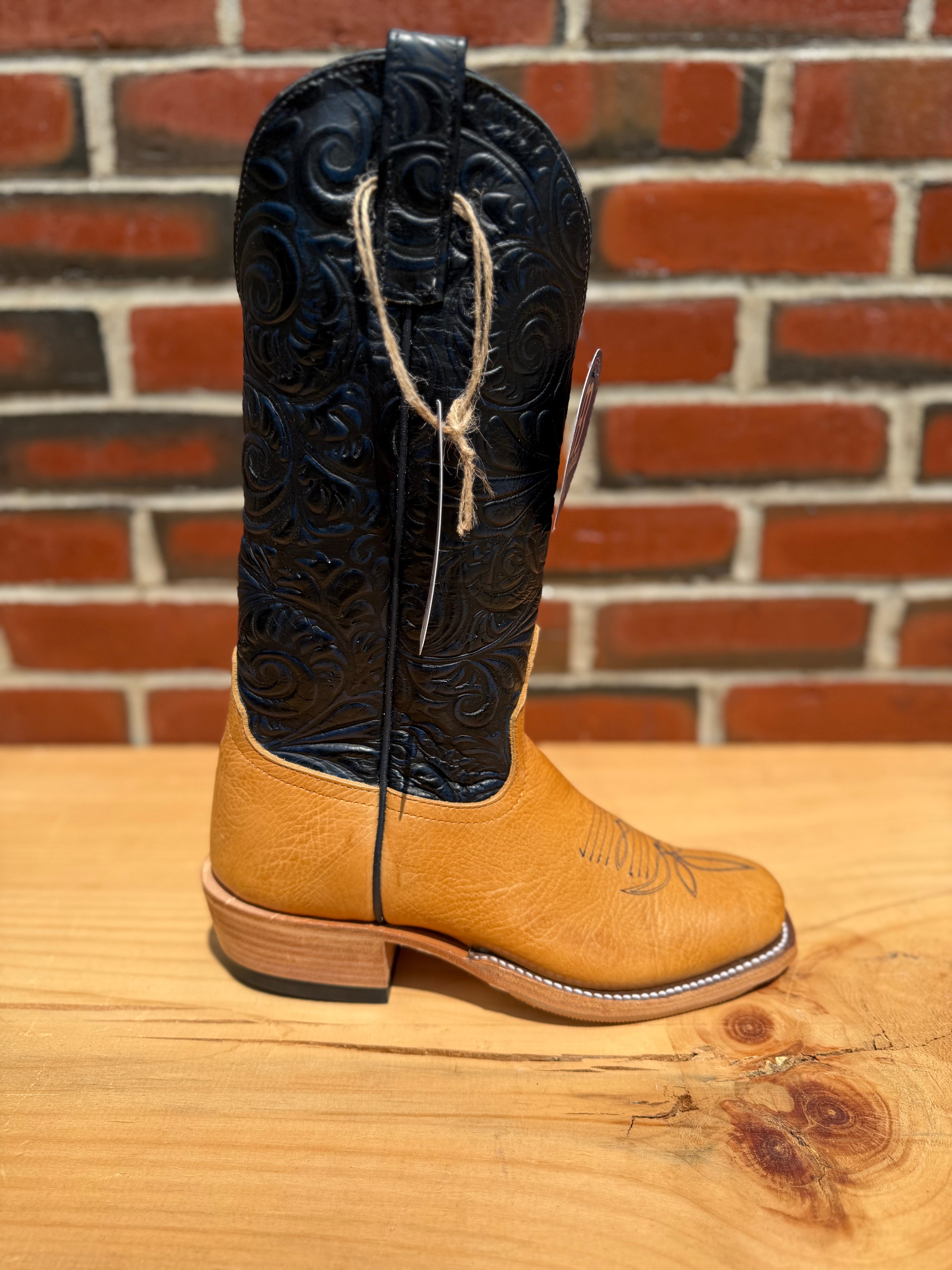 Anderson Bean | Cognac Taurus Shoulder Cowgirl Boots – 13" Midnight Navy Caracol Embossed Tops (Cowboy Toe)