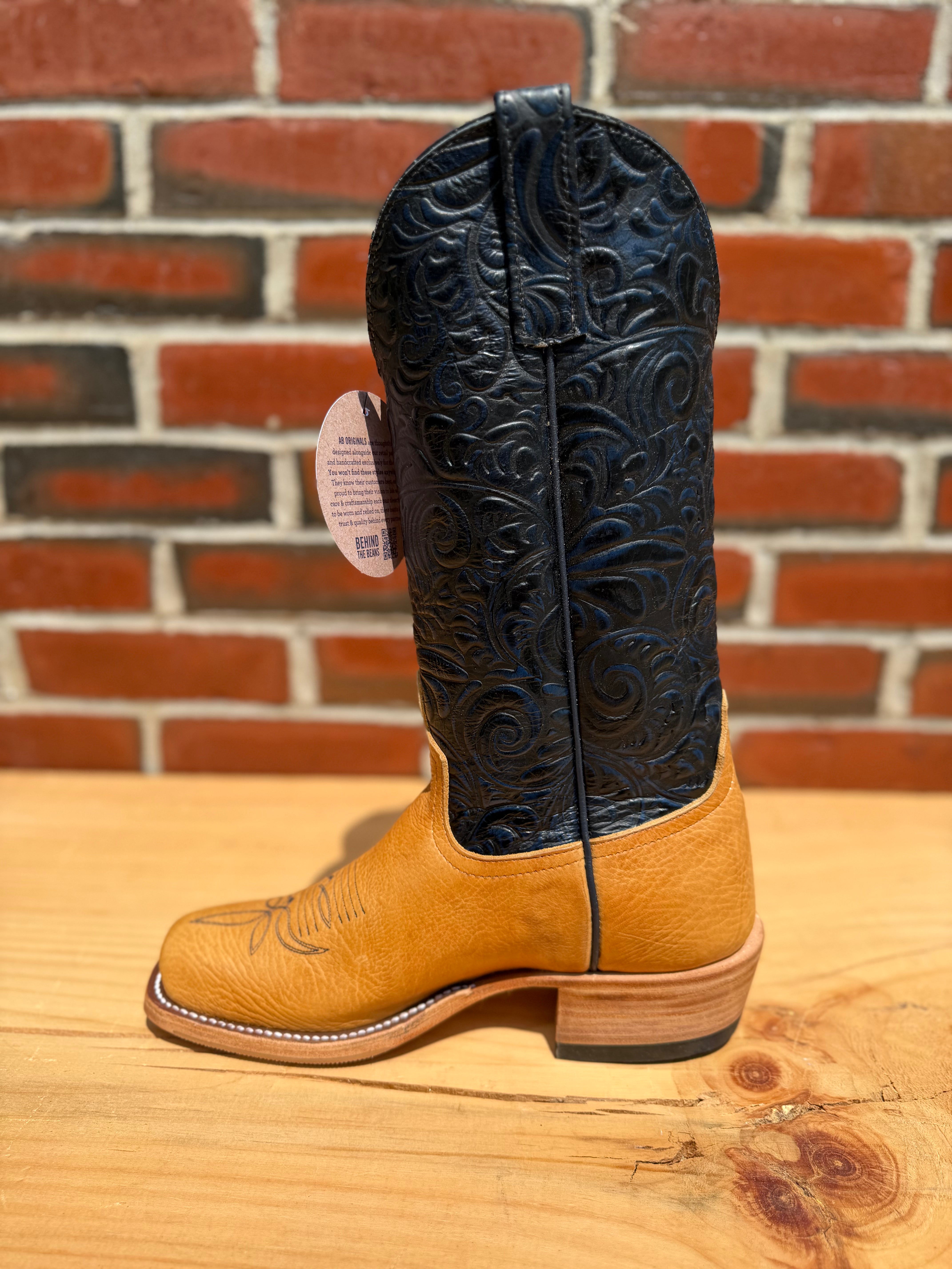 Anderson Bean | Cognac Taurus Shoulder Cowgirl Boots – 13" Midnight Navy Caracol Embossed Tops (Cowboy Toe)