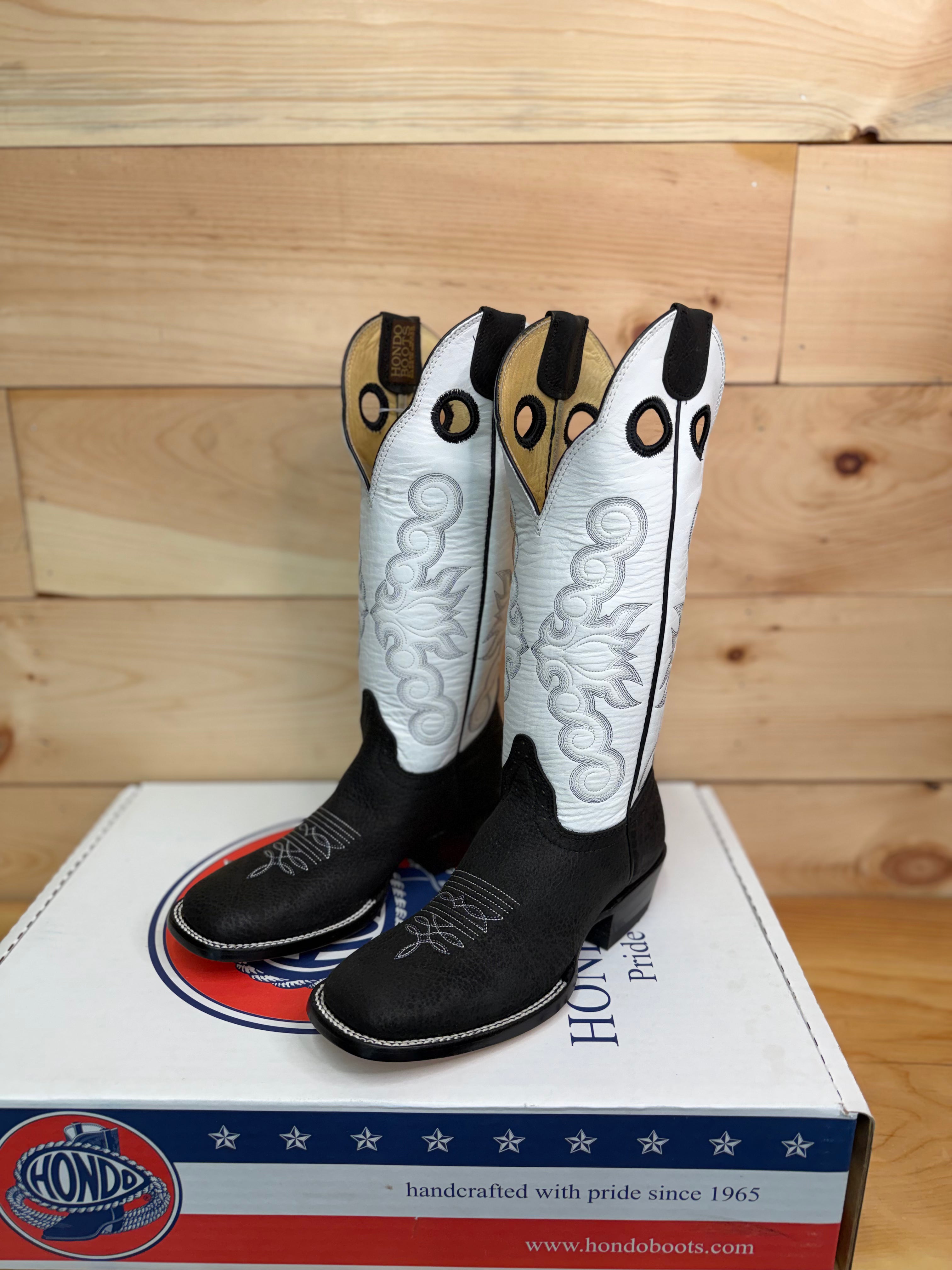 Hondo Exclusive | Women's Black Crazy Shoulder Cowboy Boots – 14" White Tops (Wide Square Toe)