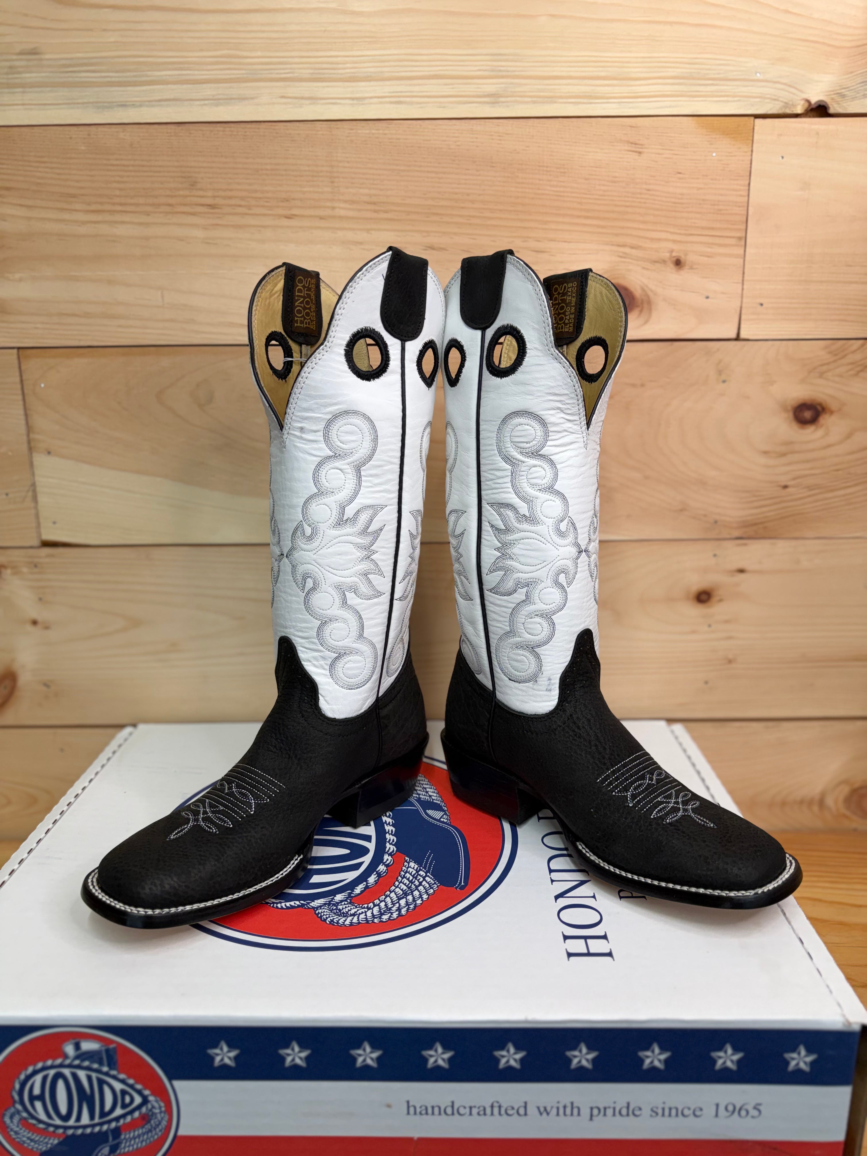 Hondo Exclusive | Women's Black Crazy Shoulder Cowboy Boots – 14" White Tops (Wide Square Toe)
