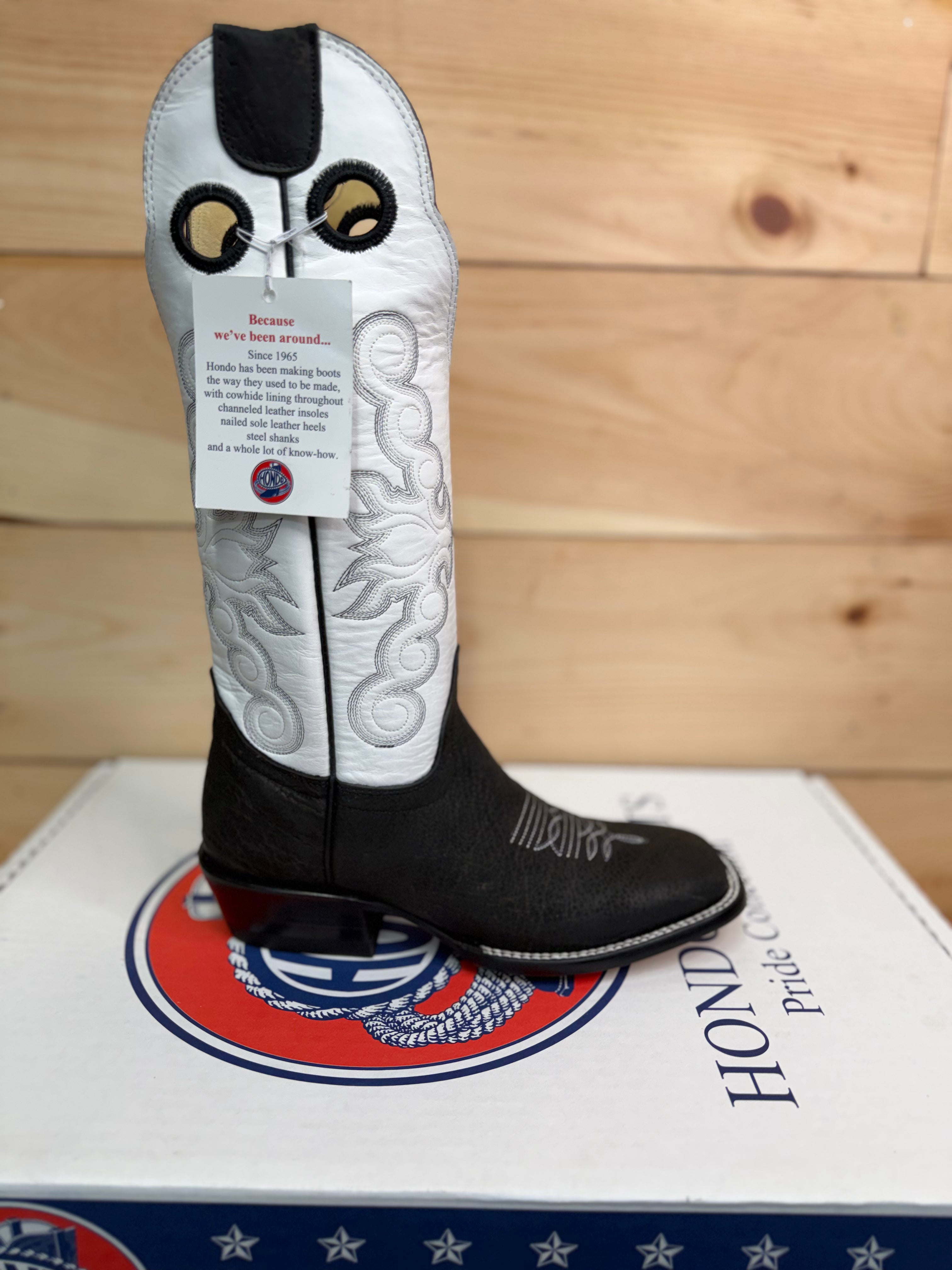 Hondo Exclusive | Women's Black Crazy Shoulder Cowboy Boots – 14" White Tops (Wide Square Toe)