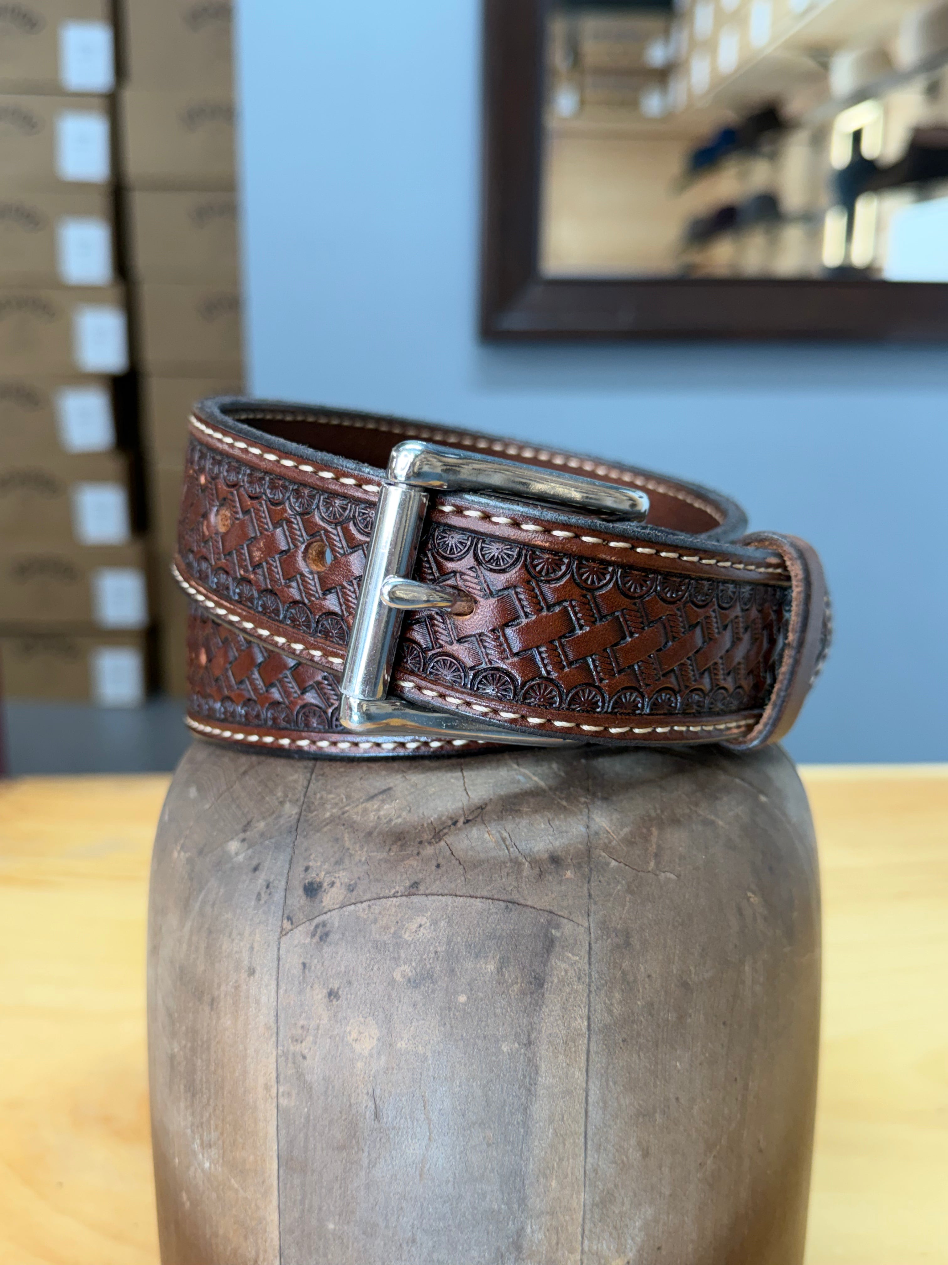 Lara Boot Company Exclusive Basket Stamped Leather Belt – Made in USA