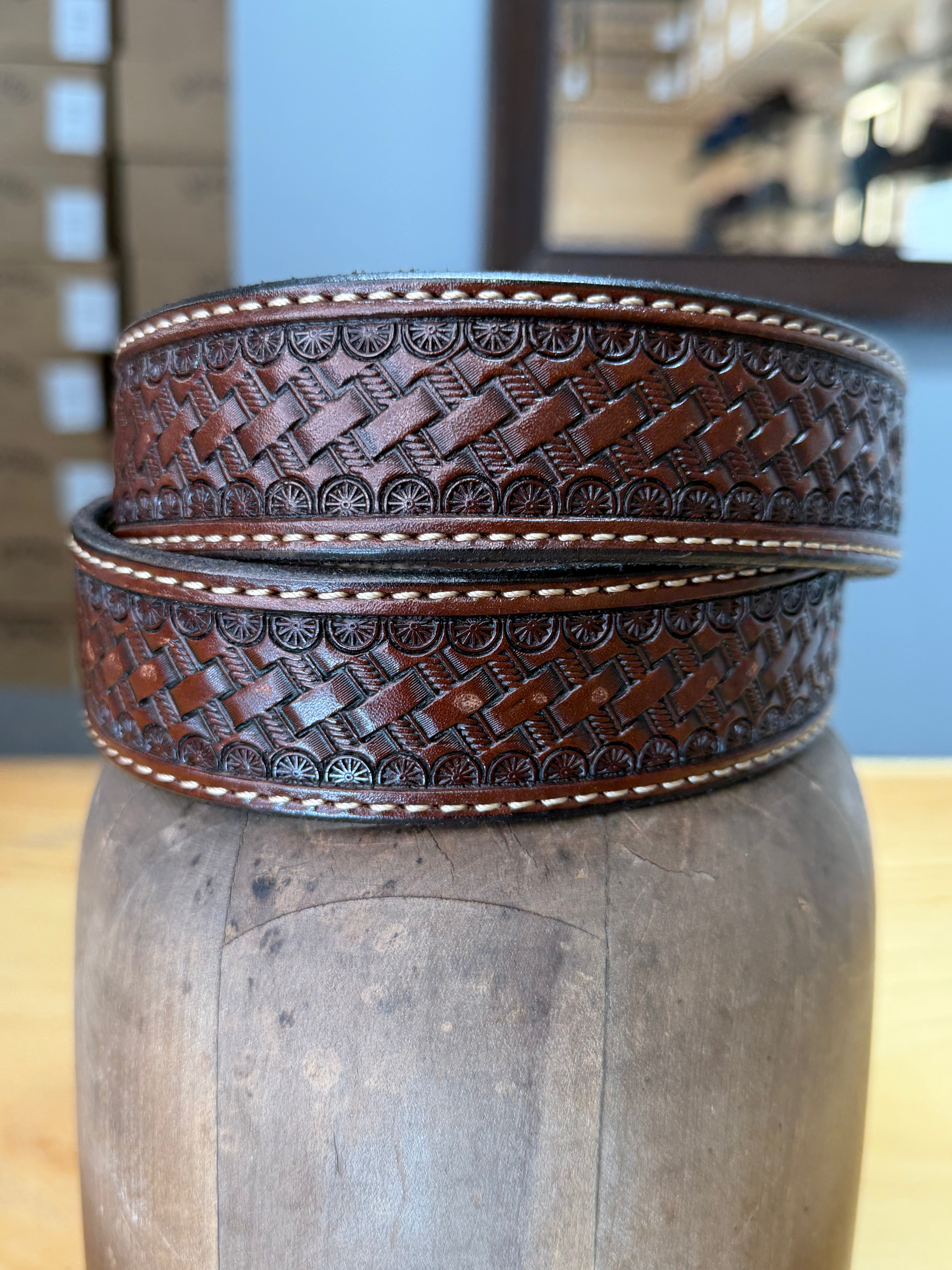 Lara Boot Company Exclusive Basket Stamped Leather Belt – Made in USA