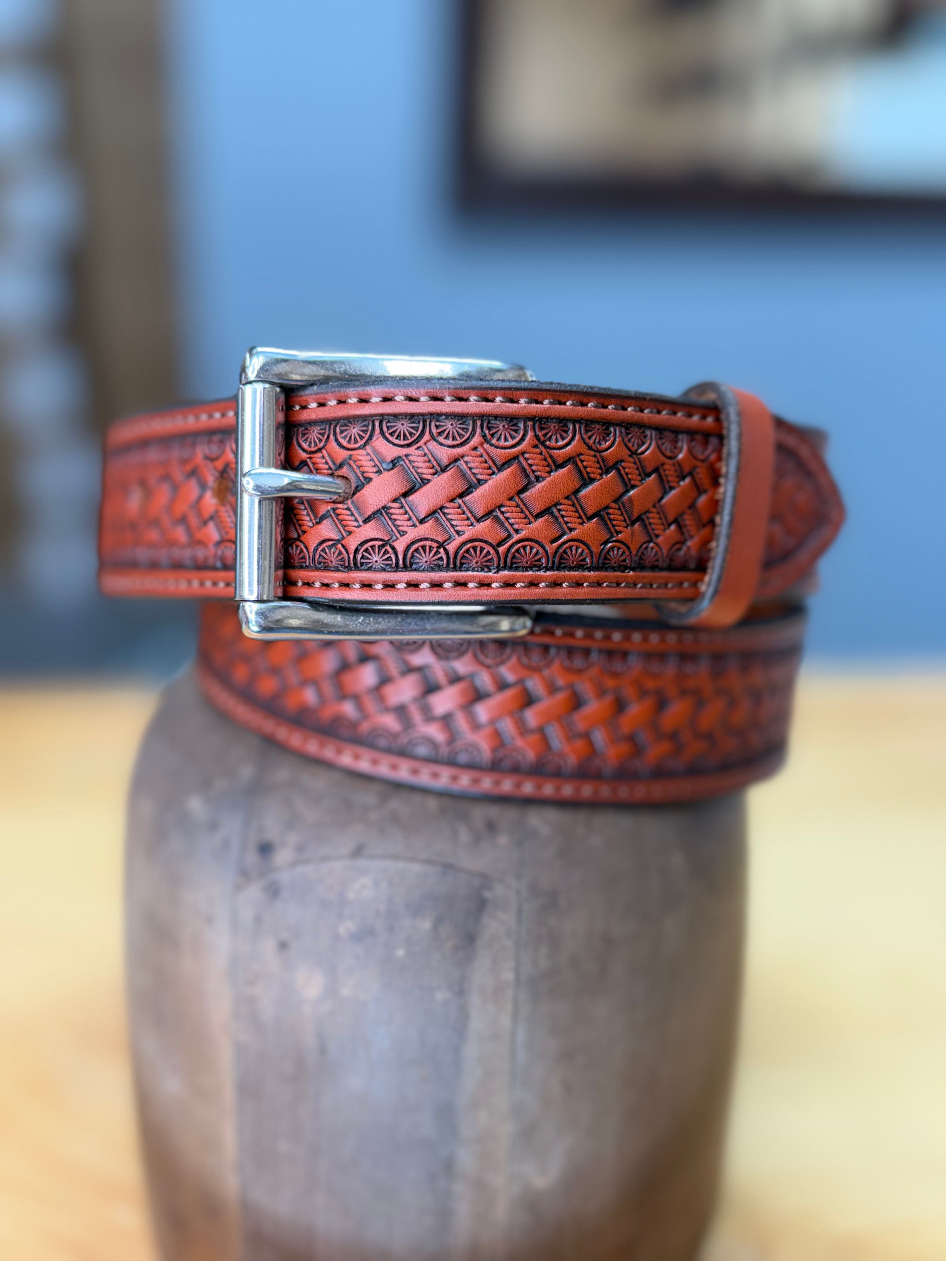 Lara Boot Company Exclusive Basket Stamped Leather Belt – Made in USA