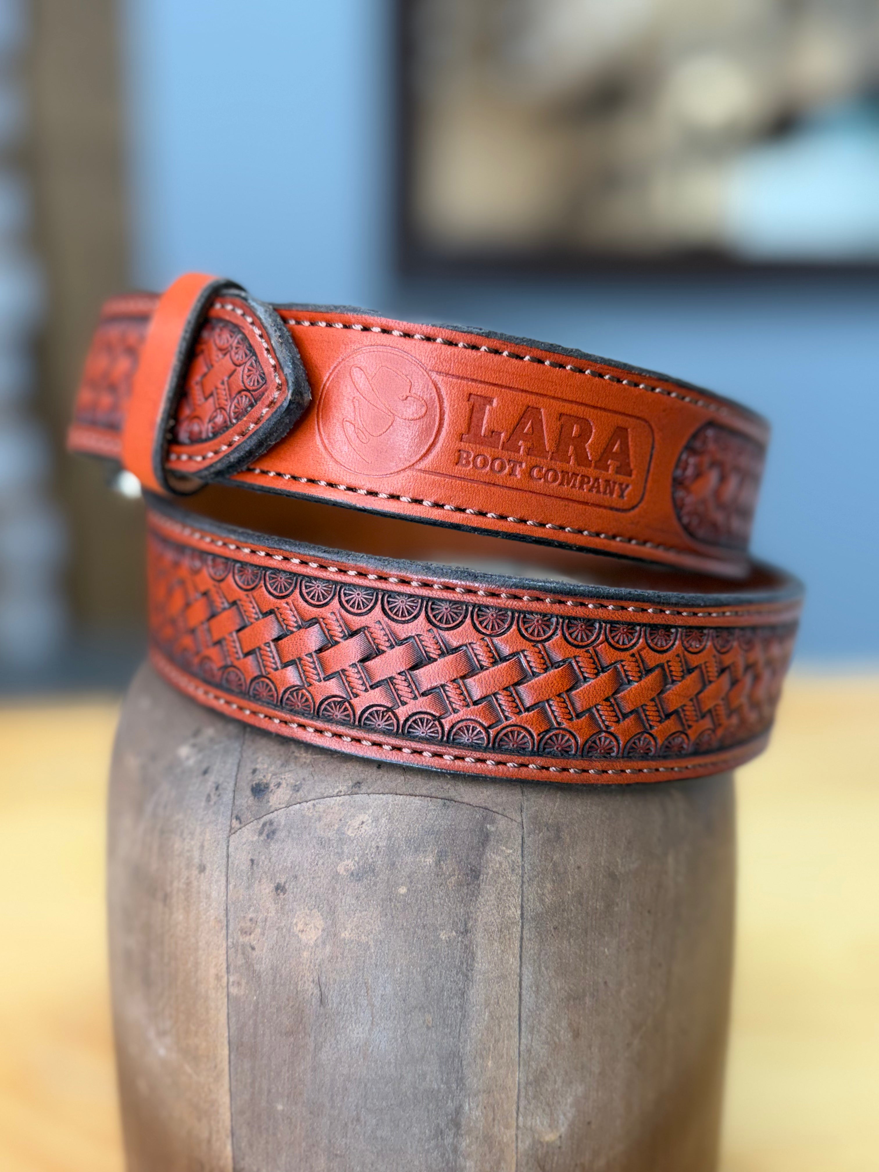 Lara Boot Company Exclusive Basket Stamped Leather Belt – Made in USA
