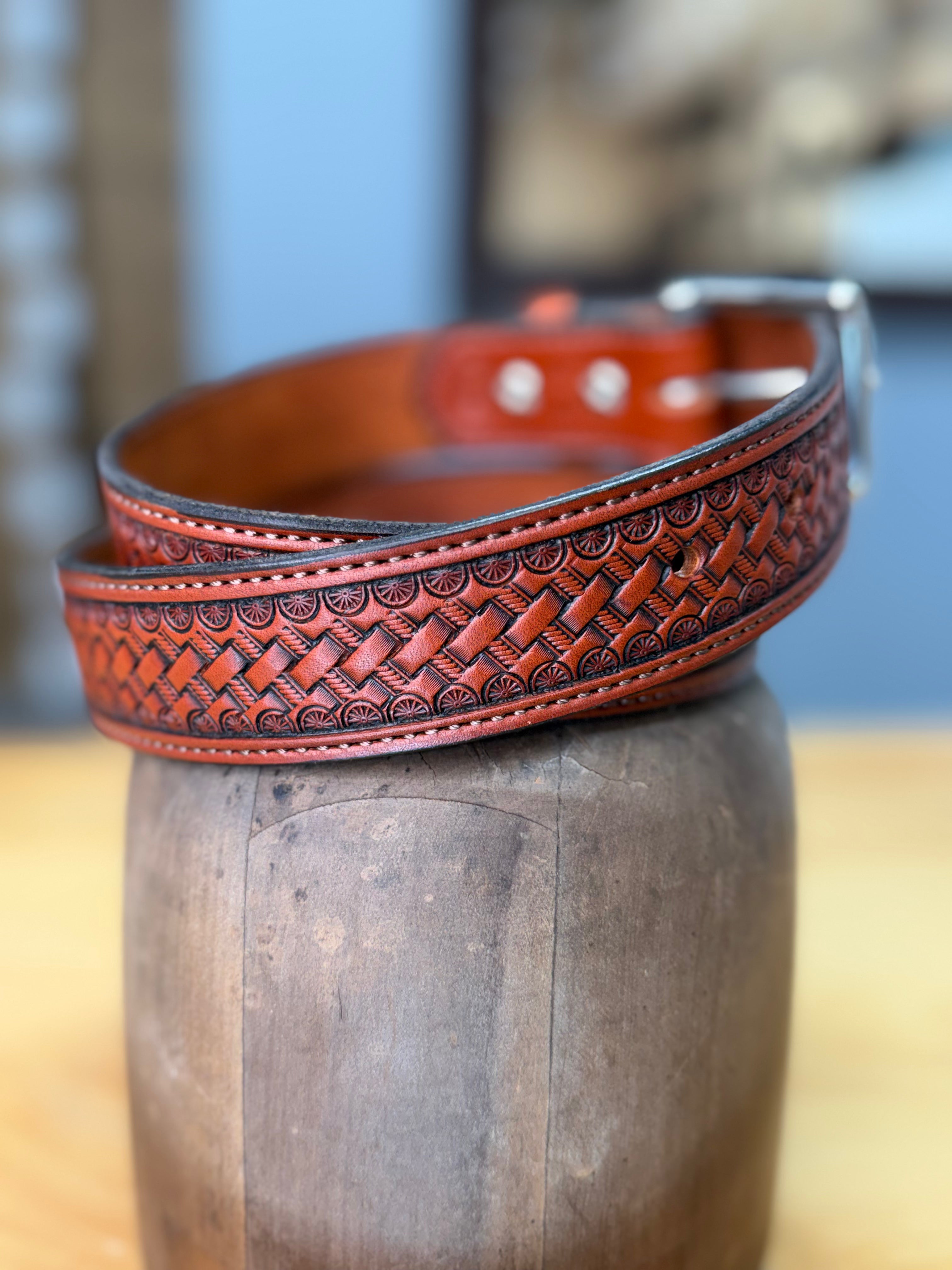 Lara Boot Company Exclusive Basket Stamped Leather Belt – Made in USA