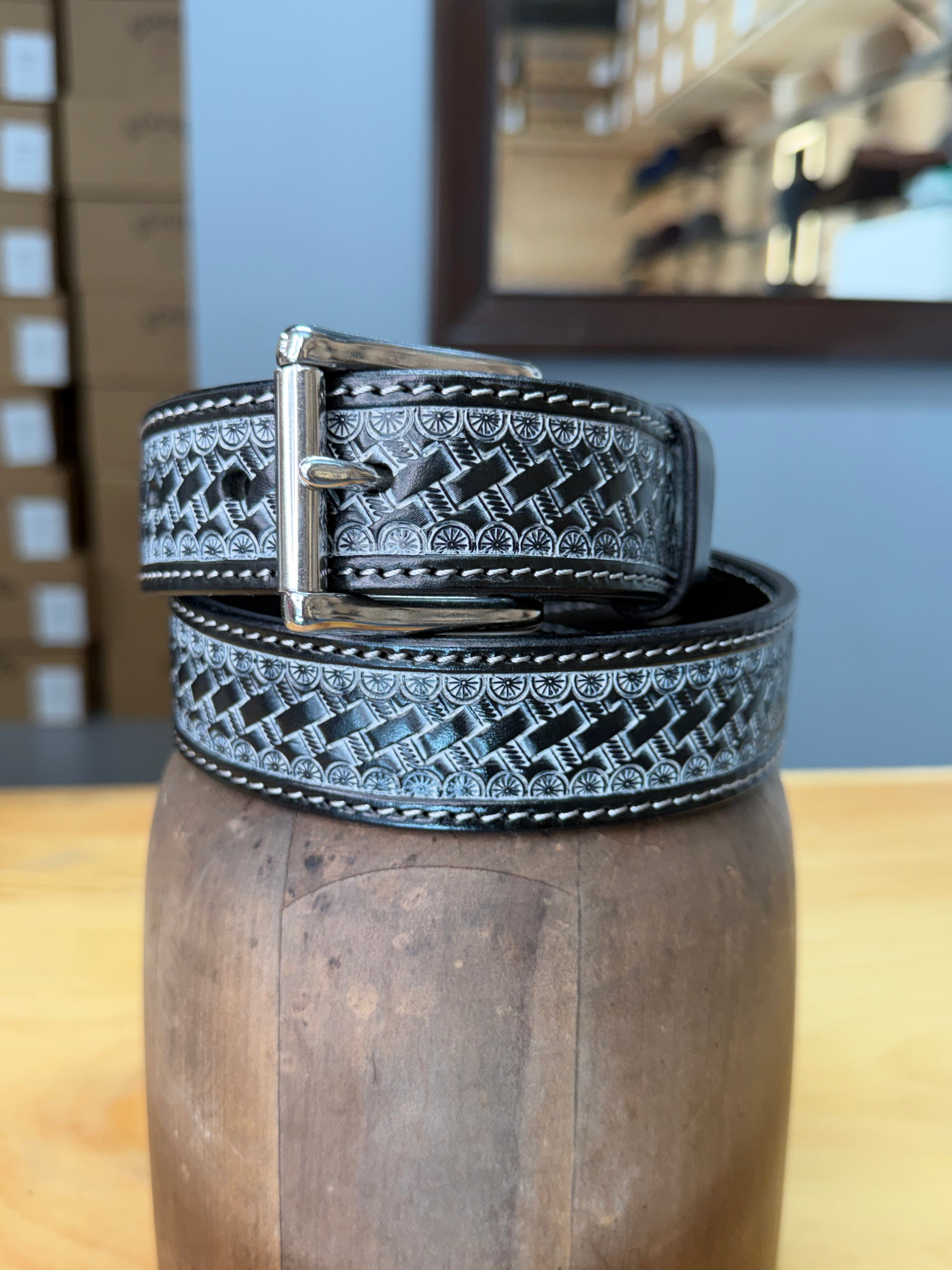 Lara Boot Company Exclusive Basket Stamped Leather Belt – Made in USA