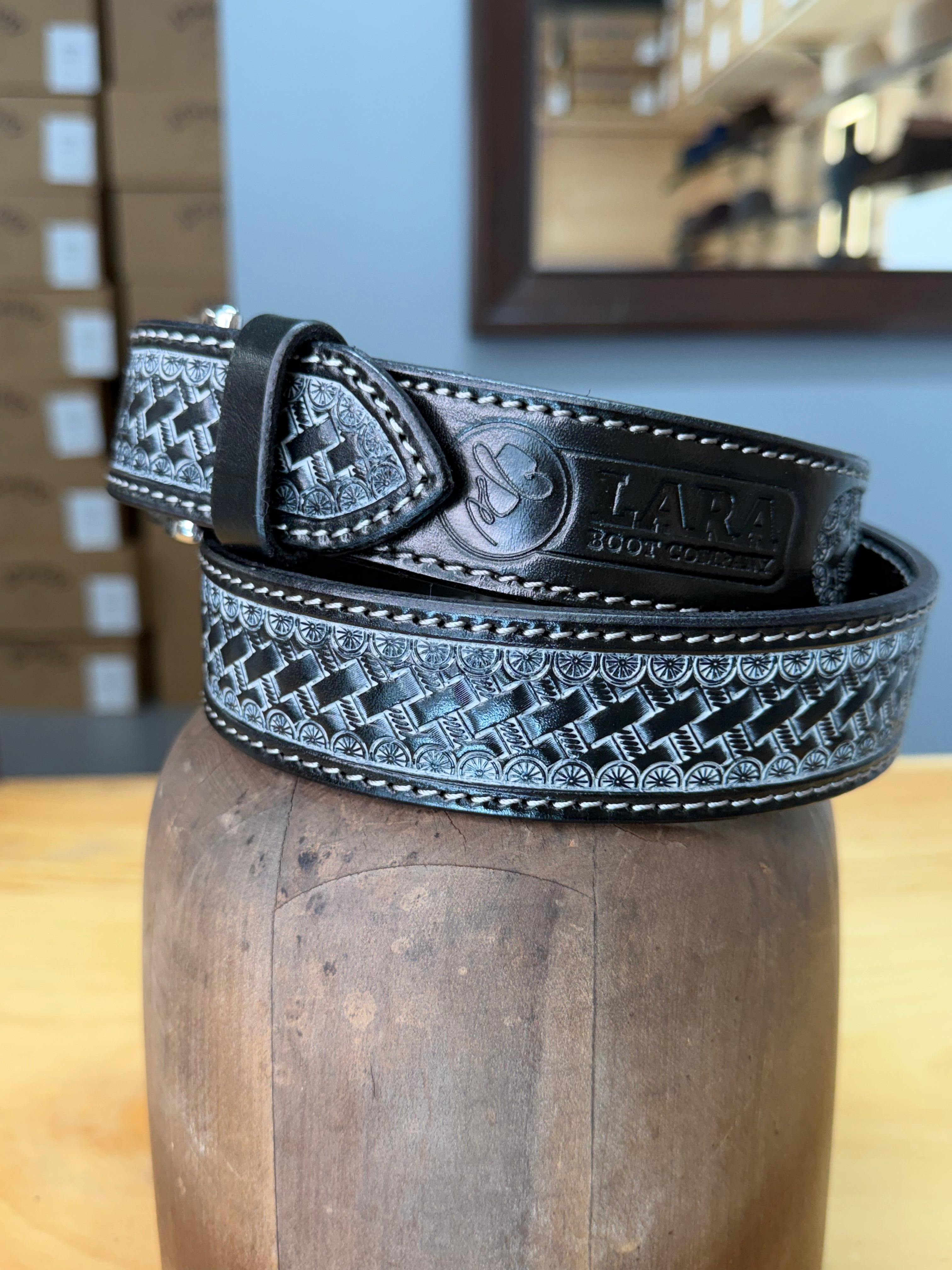 Lara Boot Company Exclusive Basket Stamped Leather Belt – Made in USA