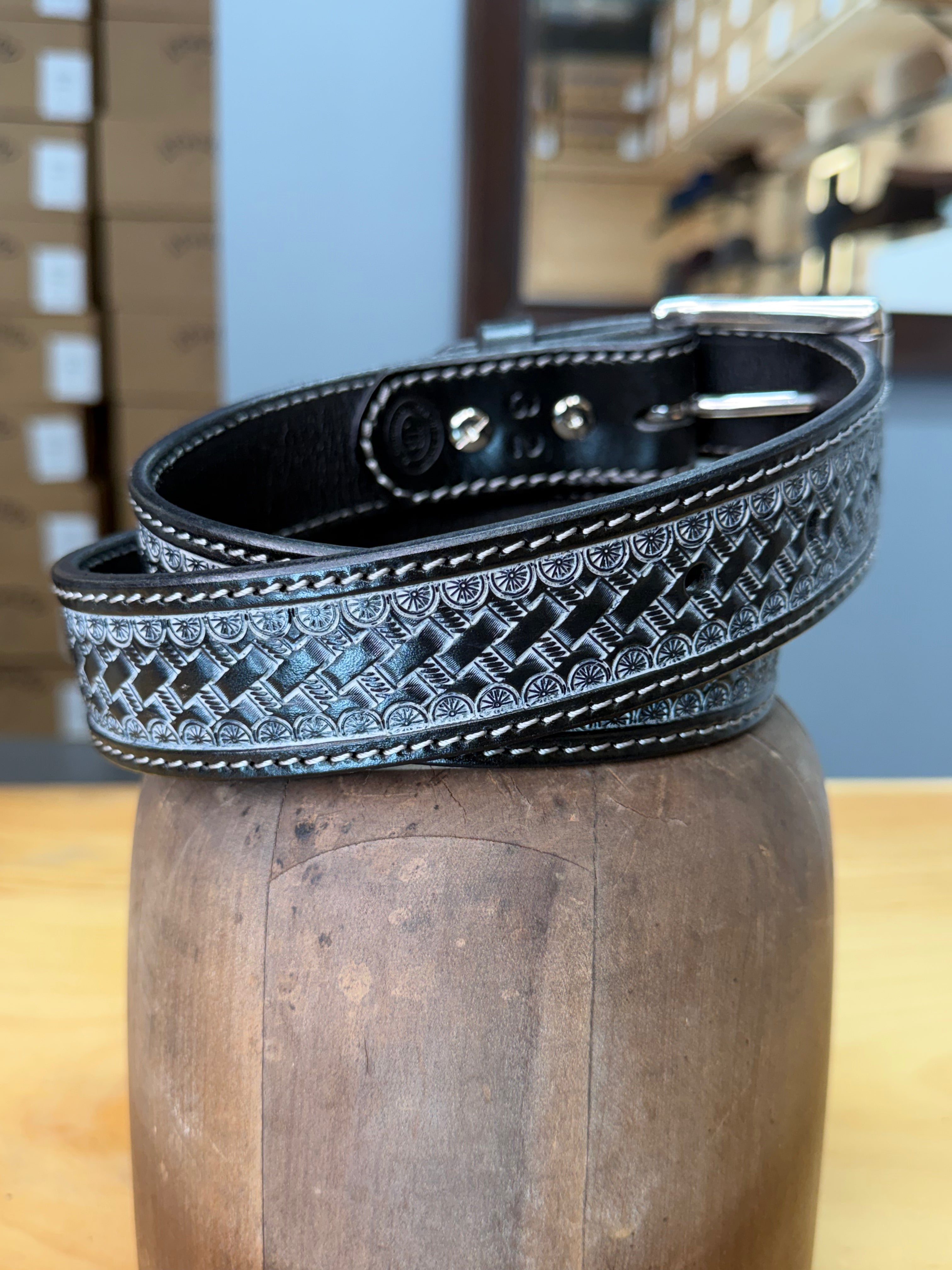Lara Boot Company Exclusive Basket Stamped Leather Belt – Made in USA