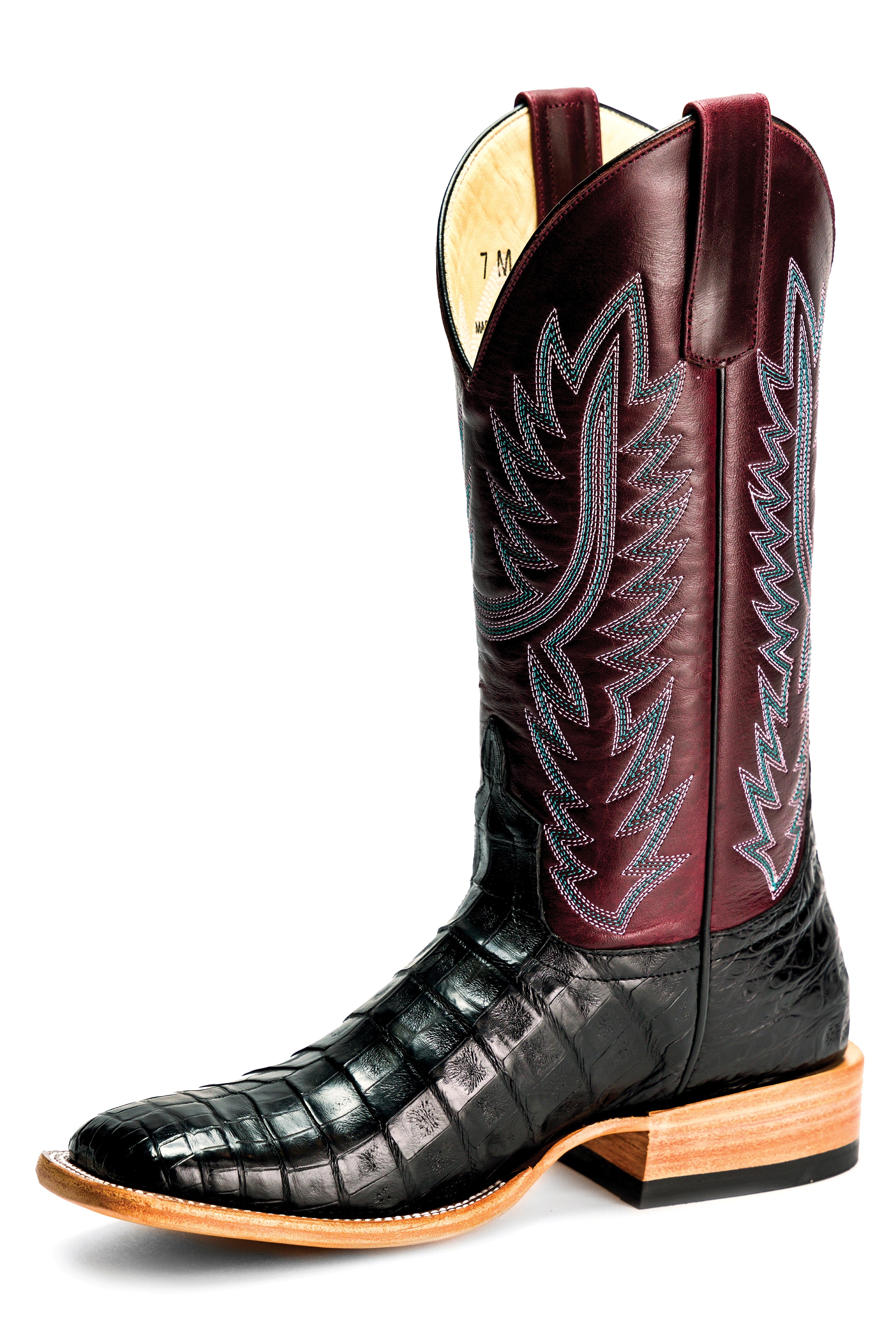 Macie Bean Top Hand | Black Caiman Belly Cowgirl Boots – 12" Wine Pull Up