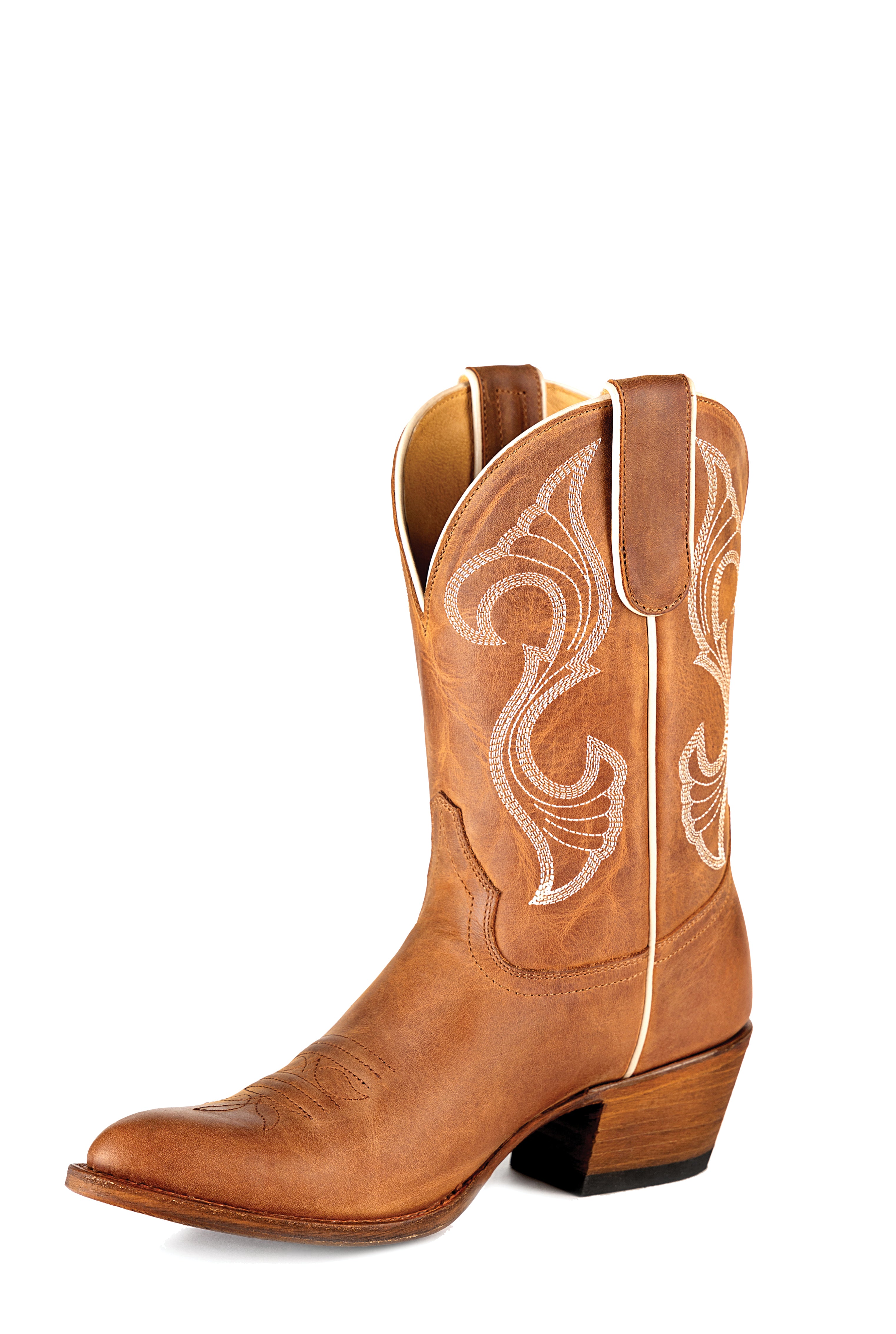 Macie Bean “Hot to Trot” Honey Crazyhorse cowgirl boots, 10-inch top, almond toe, Citygirl heel, antique leather sole, SKU M5223
