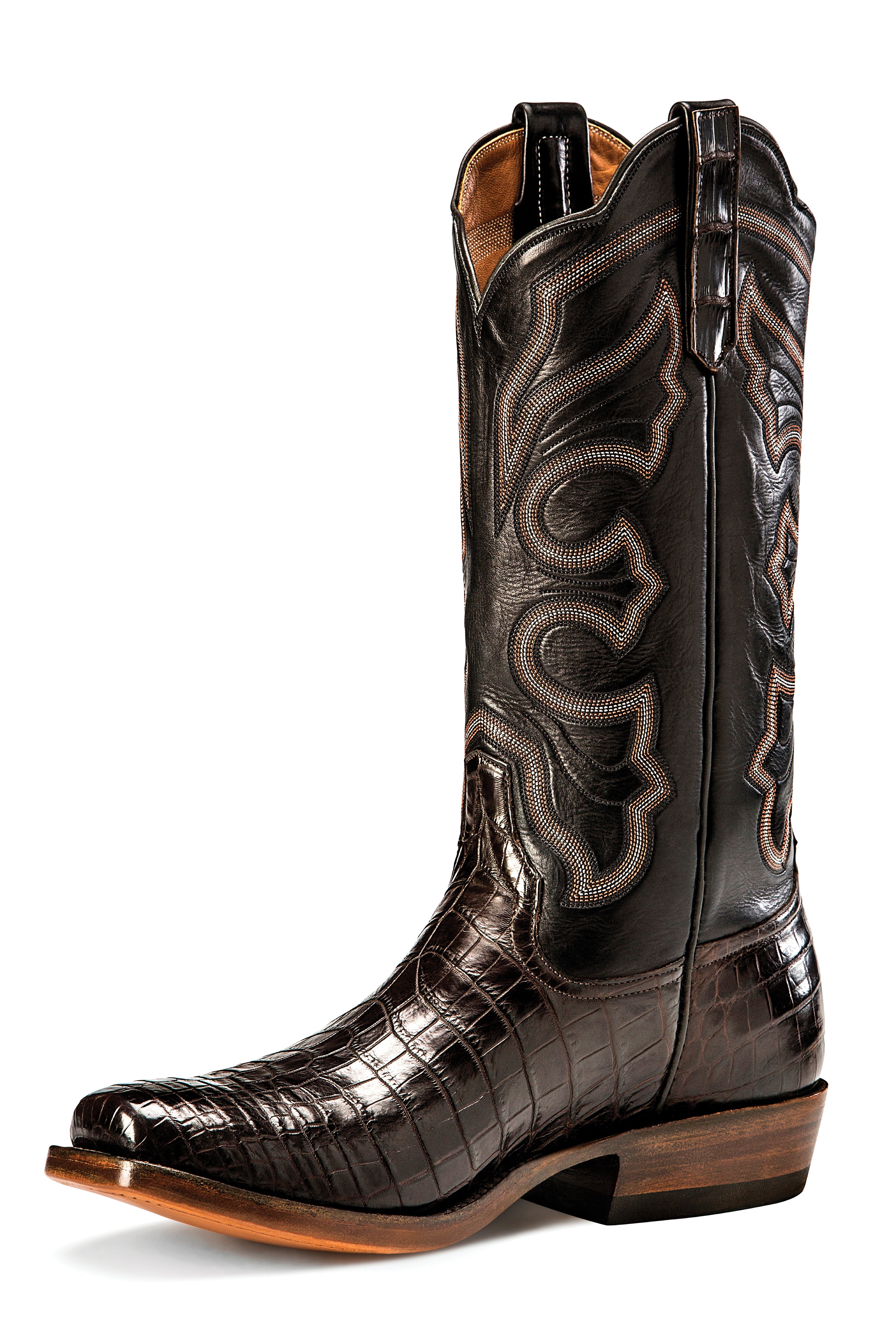 Rios of Mercedes | Chocolate Crocodile Belly Cowboy Boots – Cutter Toe, Black Calf Tops